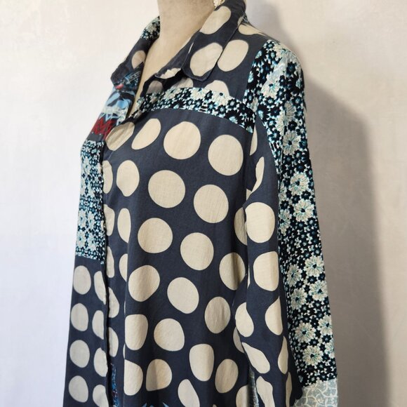 Tulip Women's Oversized Small Multi-Color Patchwork Asymmetric Button Tunic Top - Picture 7 of 15